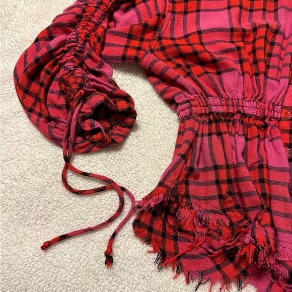 Free People Pink Red Combo Plaid Ruched Sleeve Pacific Dawn Blouse - Picture 10 of 14